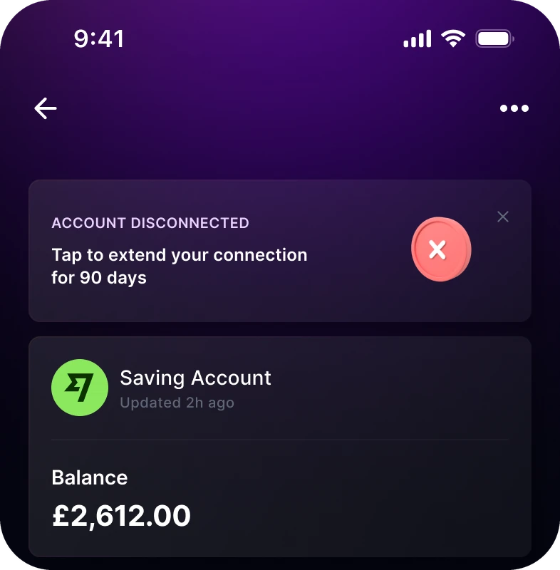 Account disconnected: tap to extend your connection for 90 days, above the saving account and its balance.