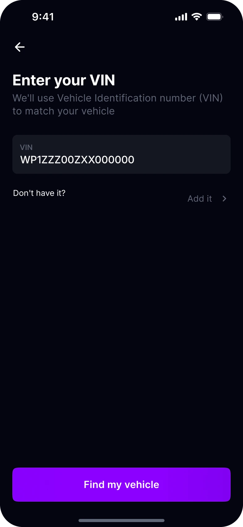 Enter your VIN: a vehicle identification number field and a Find my vehicle button.