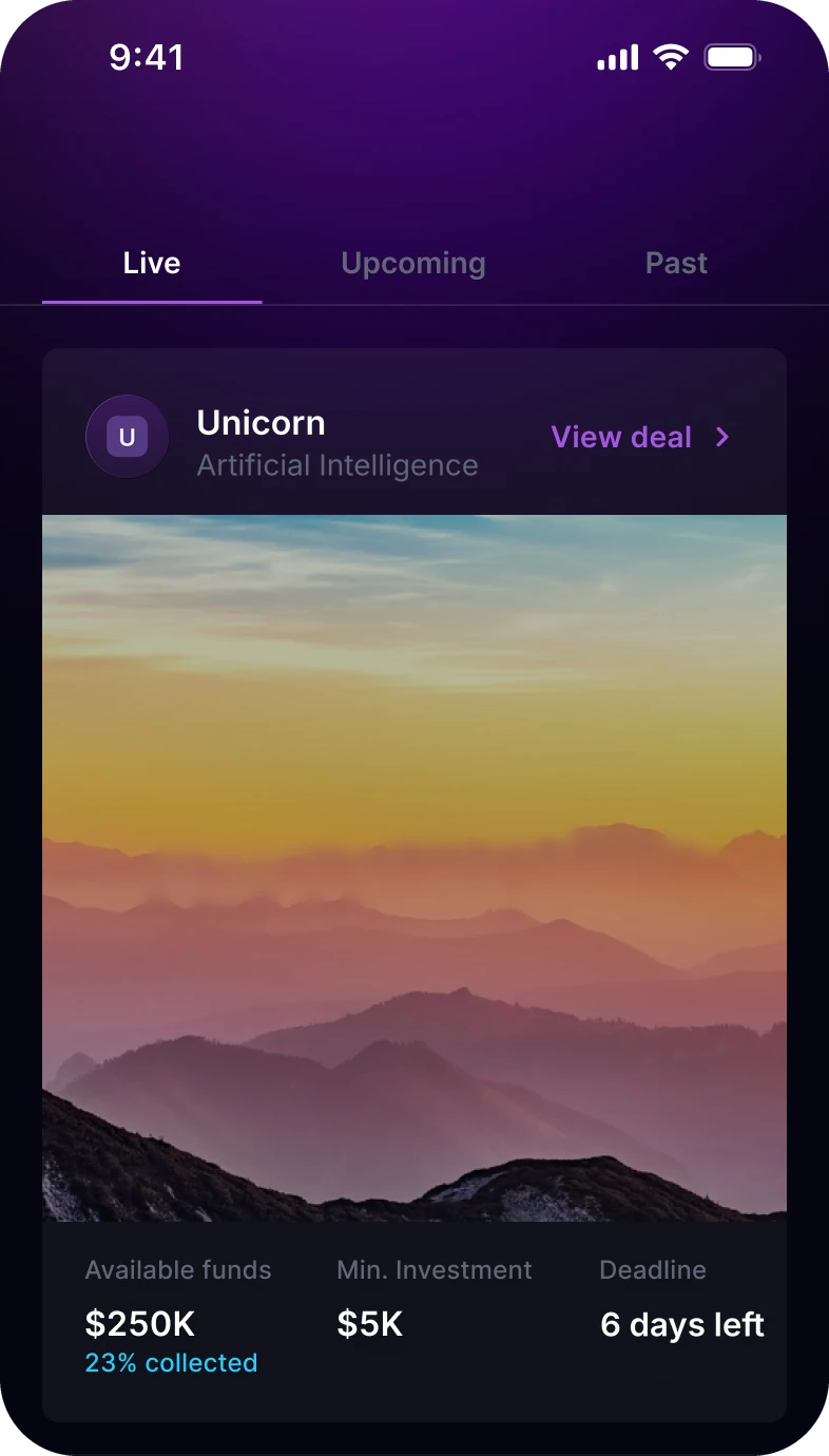 Deals, Live tab: a deal card with available funds, 23% collected, the minimum investment and six days left.