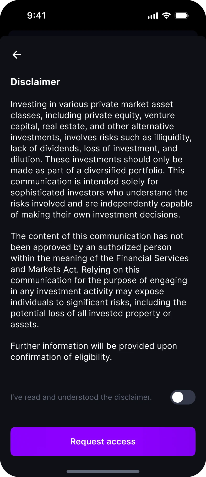 Disclaimer: the risks of private market investments, a switch to confirm you have read it, and Request access.
