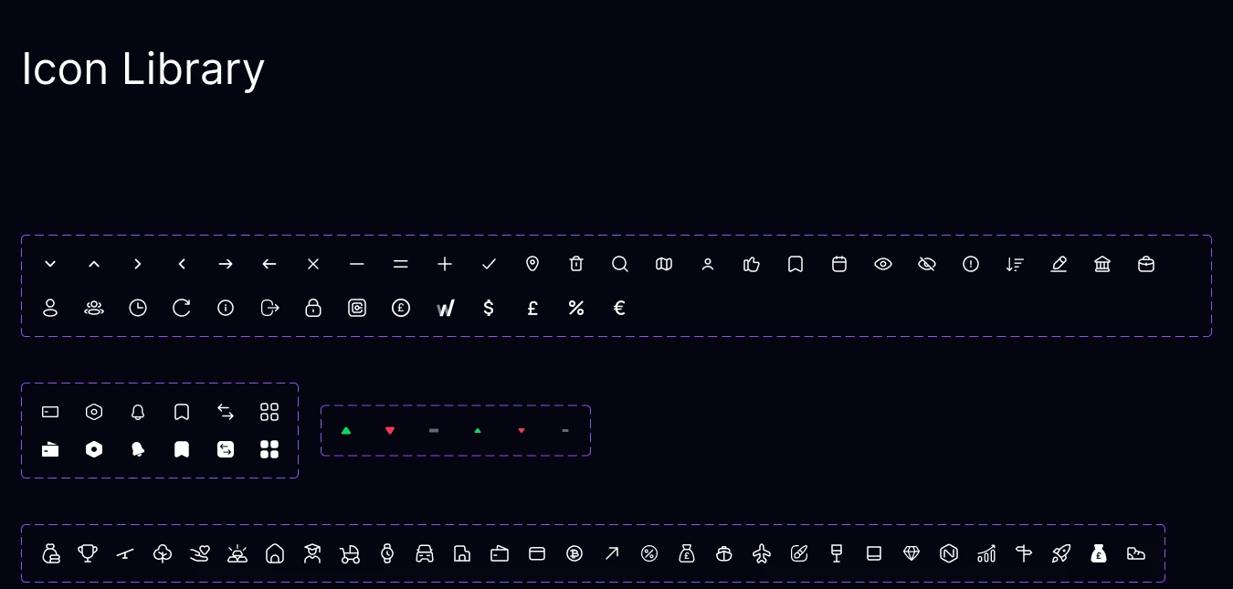 The icon library: line icons for navigation, actions and asset types.