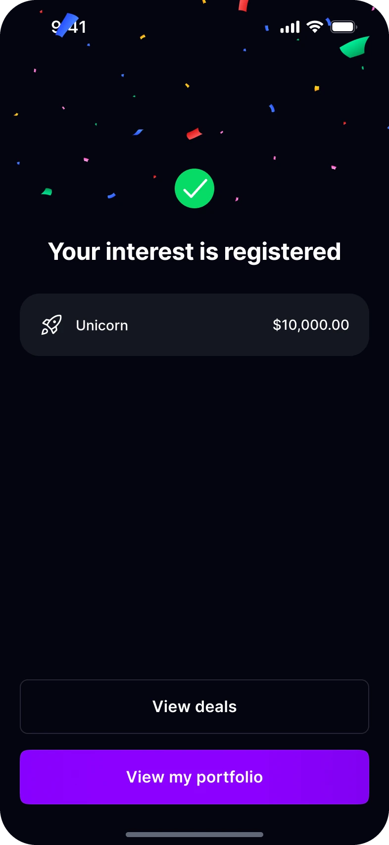 Your interest is registered: the deal and the amount, with View deals and View my portfolio.