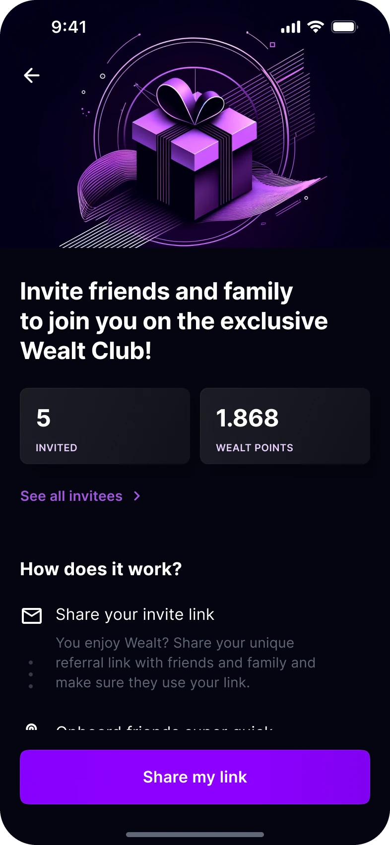 Invite friends and family: 5 invited, 1.868 Wealt Points, and a Share my link button.