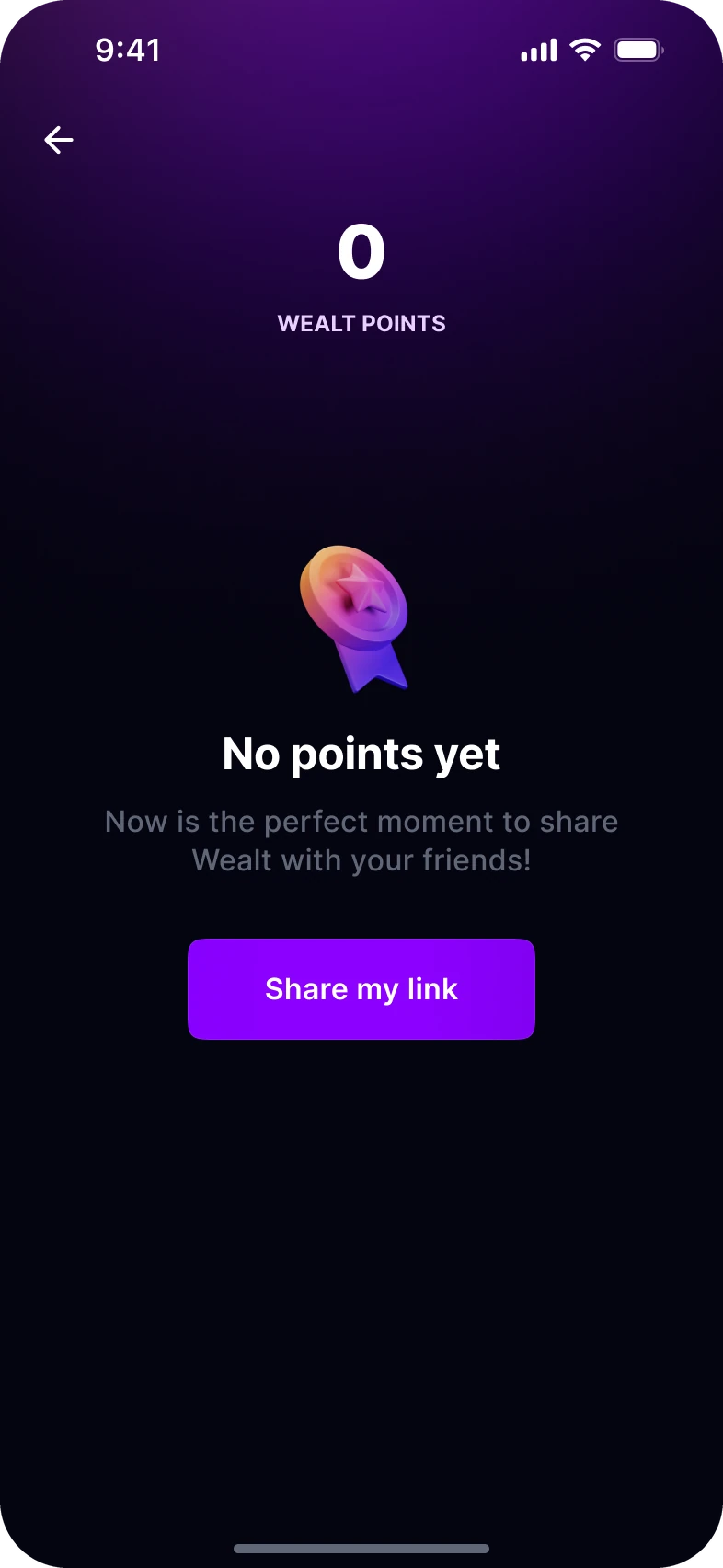 Wealt Points, empty: no points yet, share your link.