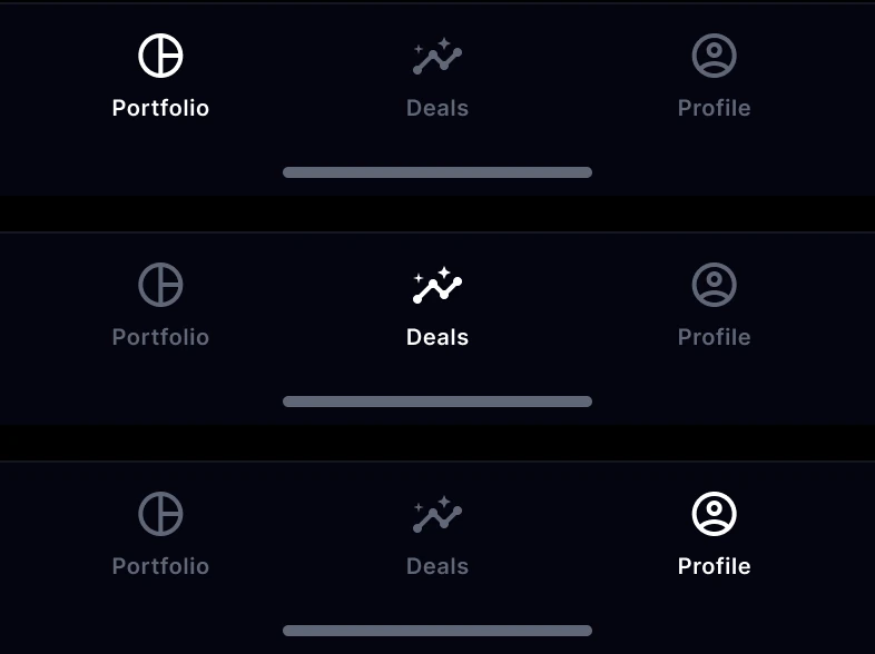 The new tab bar component in three states: Portfolio, Deals and Profile selected.