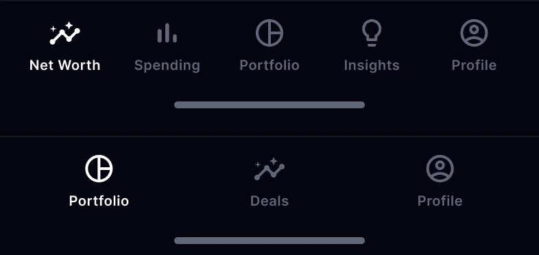 The tab bar before, Net Worth, Spending, Portfolio, Insights and Profile, above the tab bar after, Portfolio, Deals and Profile.