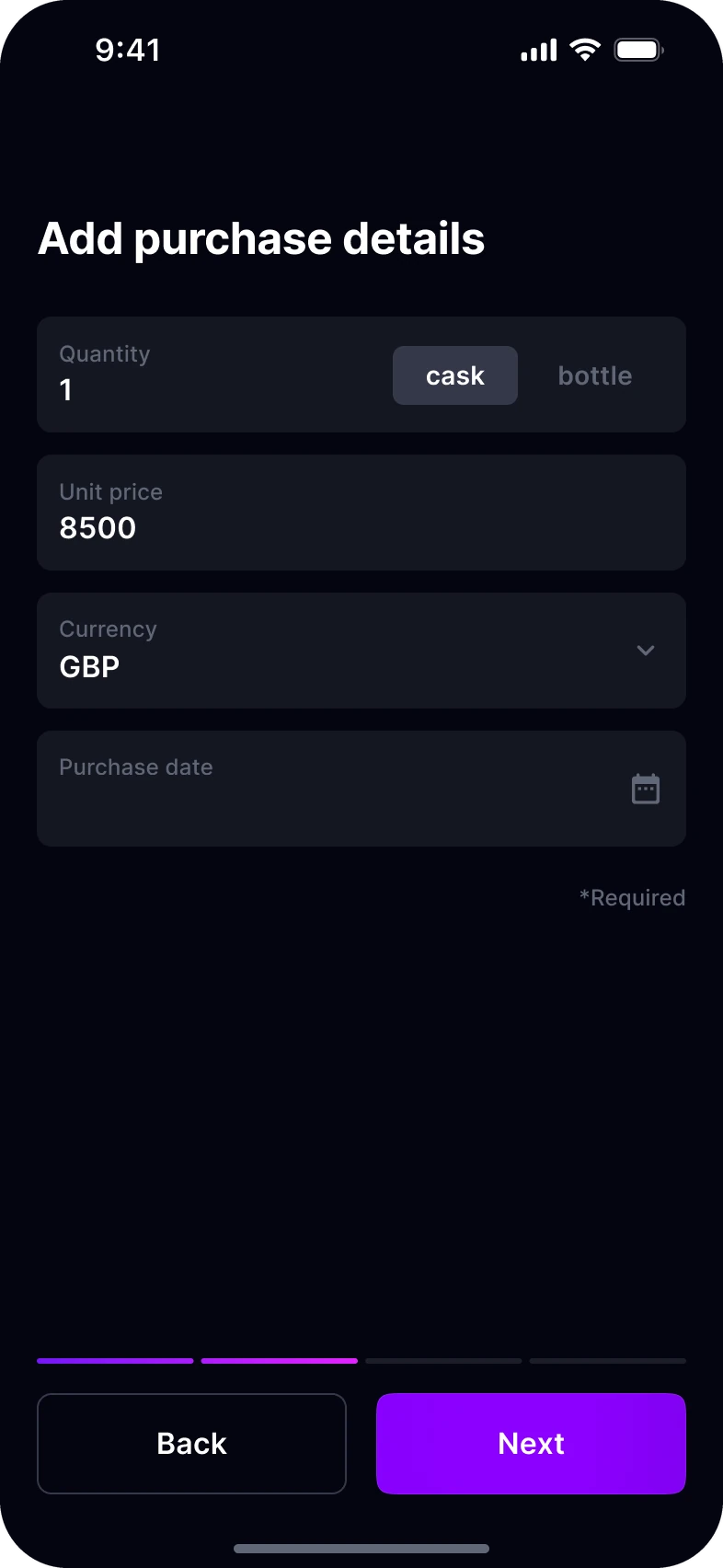 Step two: purchase details, quantity as a cask or a bottle, unit price and currency.