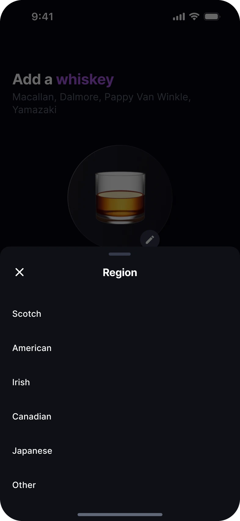 Whisky region picker: Scotch, American, Irish, Canadian, Japanese and other.